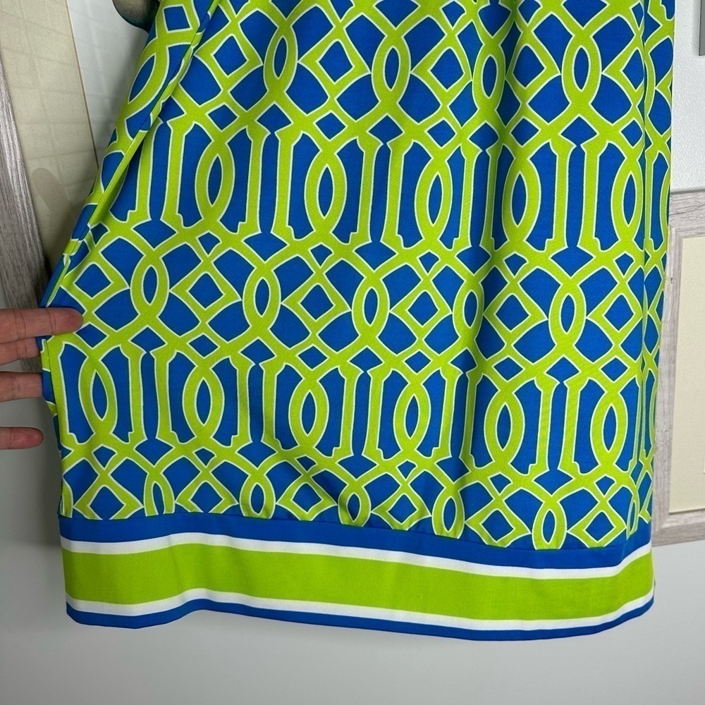 Mud Pie Green & Blue Geometric Natalie Bow Tie Mini Dress Women’s Size Small - Picture 4 of 10
